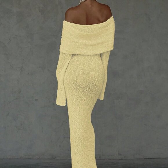 Light Yellow Elegant Women's Sexy Beach Vacation Off shoulder maxi Dress - Picture 8 of 10
